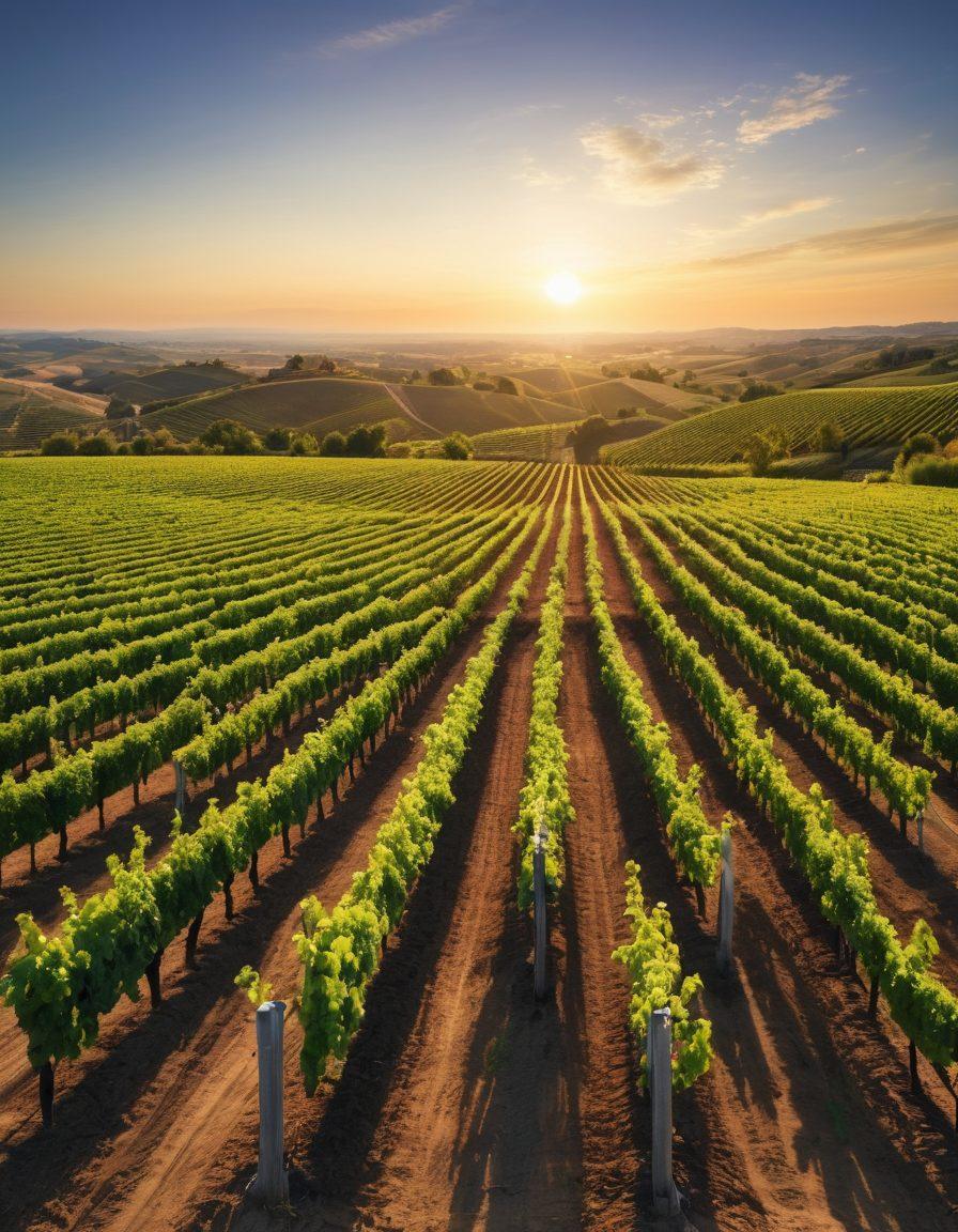 A picturesque vineyard on rolling hills at sunset, showcasing innovative management techniques like automated irrigation systems, drone technology, and solar panels integrated into the landscape. Grapevines are lush and plentiful, with workers using modern equipment in harmony with nature. The scene conveys a blend of tradition and modernity, symbolizing sustainability and growth. vibrant colors. super-realistic. nature-focused.