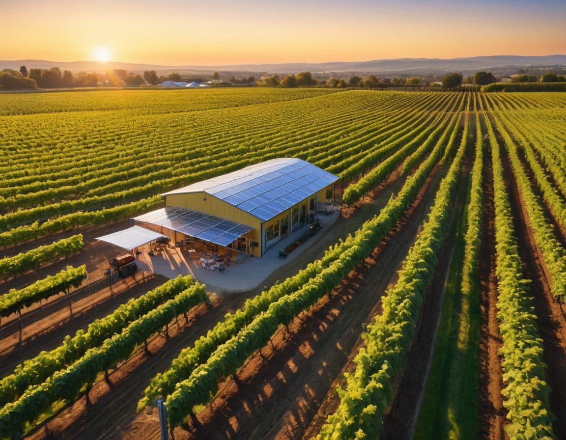 A picturesque vineyard at sunset, showcasing rows of grapevines heavy with ripe grapes, coupled with advanced agricultural technology like drones inspecting the crops. In the background, a modern winery with large glass windows reflecting the vibrant colors of the sky, and workers optimizing the harvest process. Include elements of innovation in winemaking, like smart irrigation systems and tasting sessions. super-realistic. vibrant colors. 3D.