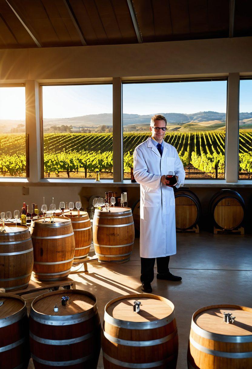 A picturesque vineyard in the background, with a modern laboratory setup in the foreground where a scientist is testing wine samples. Include wine barrels and bottles around, showcasing different varieties. The scene is bathed in golden sunlight, symbolizing quality and excellence in wine production. super-realistic. vibrant colors. soft focus.